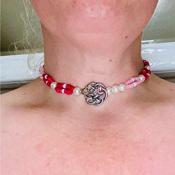 Pink & Faux Pearl Choker w Celtic Centre Featuring Swarovski Crystals & Hair Tie - Picture 1 of 5